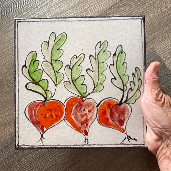 VTG 1960s 1970s Italian Ceramic Tile Radishes Art or Trivet - Picture 2 of 9